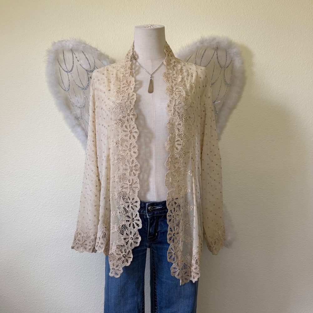 Vintage Ivory Lace Trim Open Front Cardigan Sheer Metallic Polka Dot Shrug Top